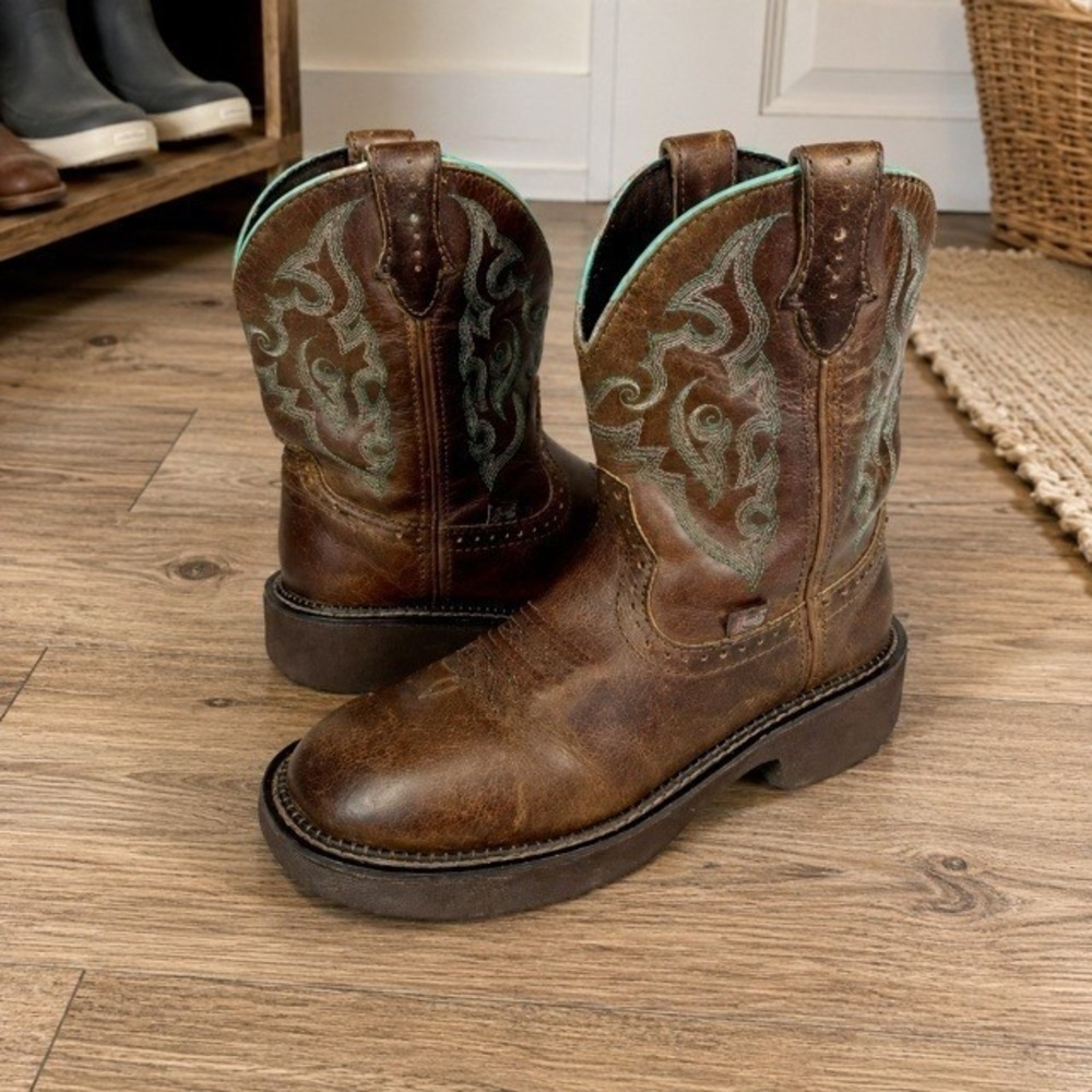 Justin Gypsy Womens 7.5 Brown Leather Western Cowboy Boots Green Embroidery